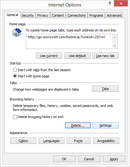Internet Options Menu
